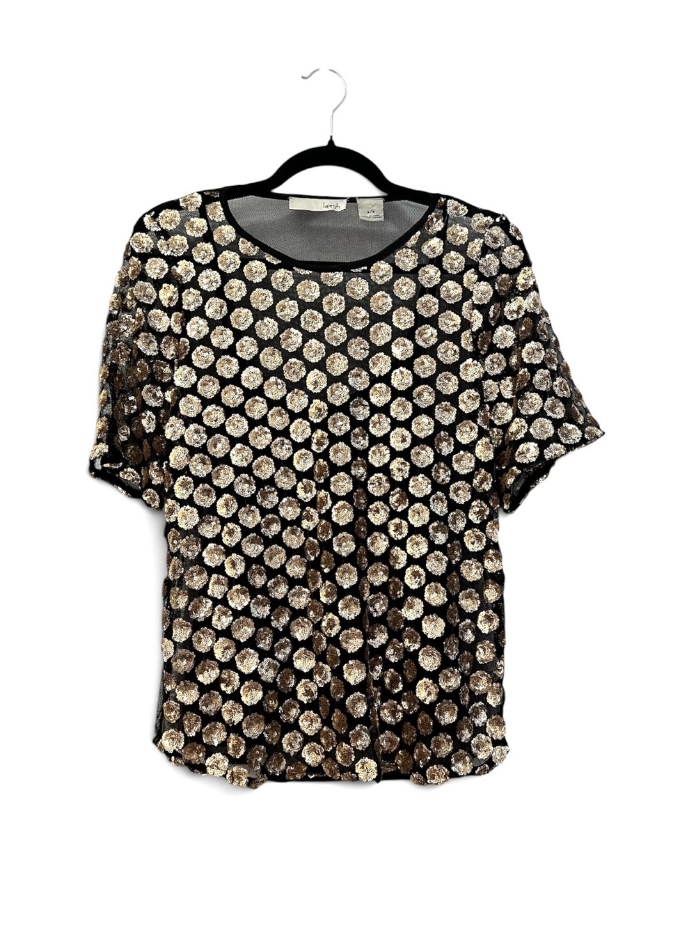 NWOT Kersh Gold Sequin Floral Dot Embellished Black Mesh Top Size S